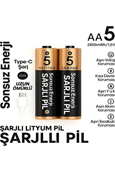 Vothoon Type-C Şarjlı 2800MWH 1.5V Şarj Edilebilir 2'li AA5 Kalın Pil - Lityum Iyon Batarya