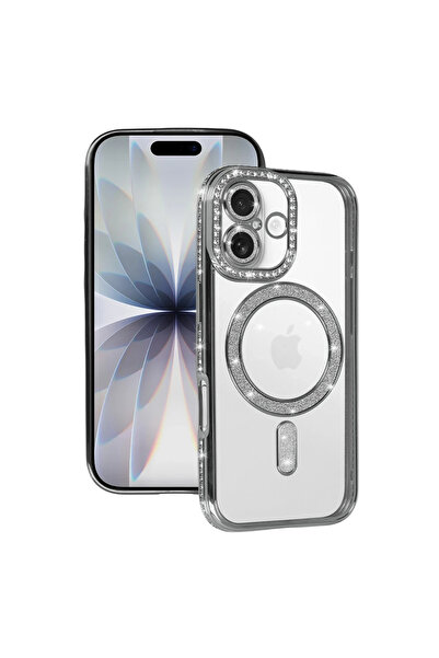 UnDePlus Apple iPhone 17 Kılıf M-Safe Şarj Uyumlu Simli Kamera Kenar Taşlı Ka...