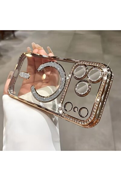 UnDePlus Apple iPhone 17 Pro Max Kılıf M-Safe Şarj Uyumlu Simli Kamera Kenar Taşlı Kapak Joke