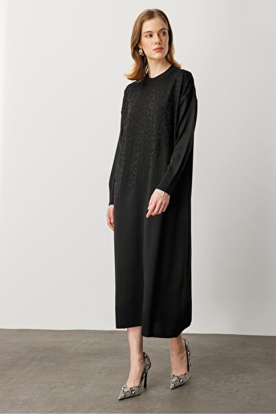 accort Leopar Desenli Triko Uzun Elbise-SİYAH