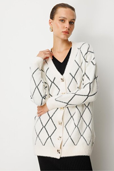 accort Baklava Desenli Triko Hırka-EKRU