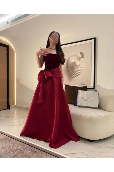 Rima Fashion فستان السهرة المخملي والساتان بتفصيلة الزمام ​