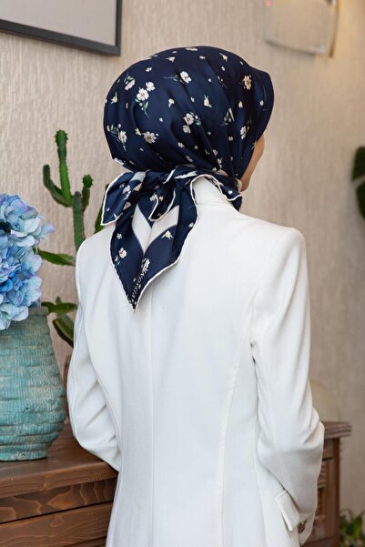 Vissona Tivil Silk Scarf 60332 - 25 - 0033 - 0003 Navy Blue Floral Pattern