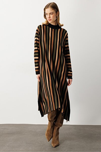 accort Yırtmaç Detay Çizgili Triko Elbise-SİYAH