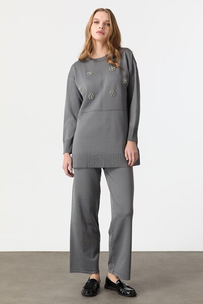 accort Taş İşleme Detaylı Triko Takım-GRİ