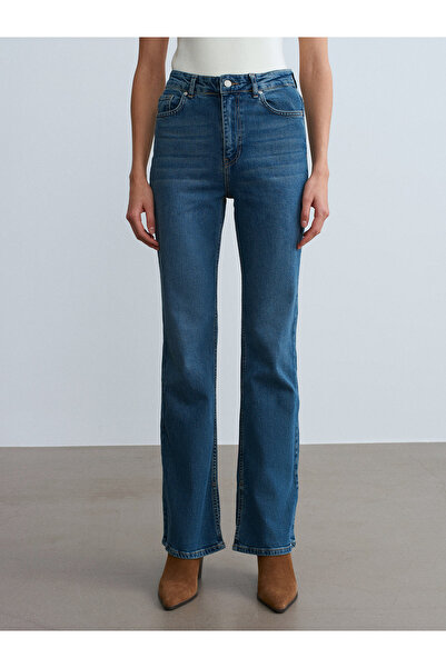 Dilvin 72105 Flare Jeans with Slit Detail on the Leg - Blue