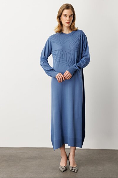 accort Yaprak Desenli Uzun Triko Elbise-İNDİGO