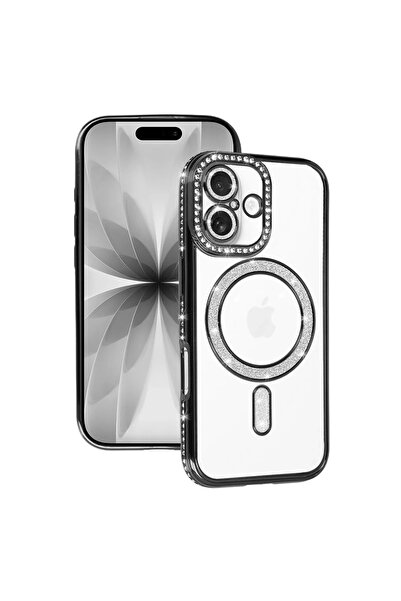 UnDePlus Apple iPhone 17 Kılıf M-Safe Şarj Uyumlu Simli Kamera Kenar Taşlı Ka...