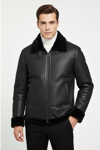 Deriderim Black Atlas Genuine Leather Men's Coat with Fur Collar and Fur Cuffs