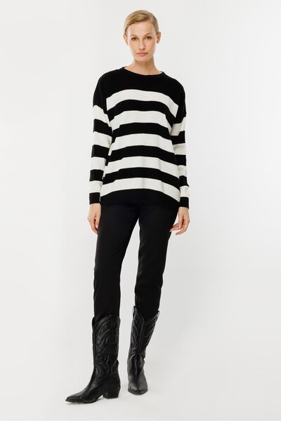 accort Kalın Çizgili Örgü Kazak-SİYAH