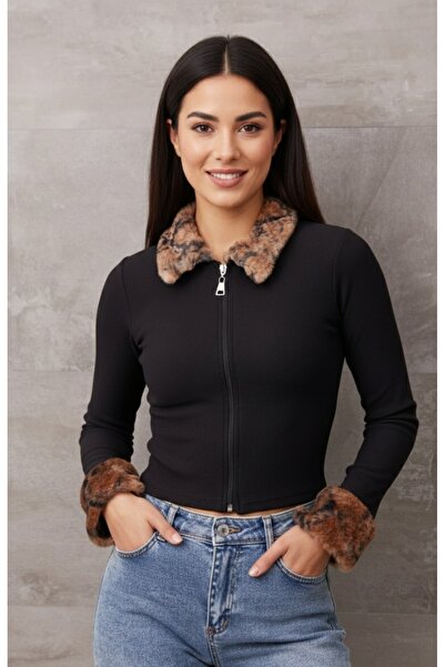 Vivessa Yakası Kürklü Fermuarlı Bluz