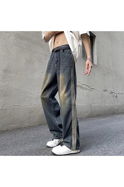 8line Green Tint Vintage Side Stripe Washed Baggy Unisex Jeans
