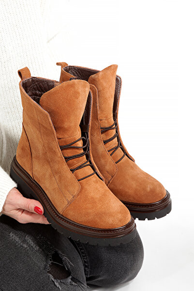 PİCCOLO Genuine Suede Leather Women's Boots with Lace and Zipper Details