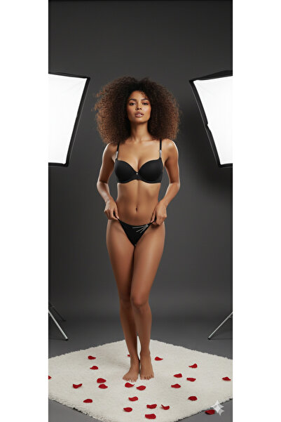 SNY Butik Siyah Taş Detaylı Push-Up Sütyen &String (kilot)Takımı