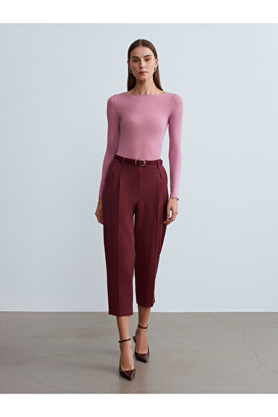 Dilvin 72166 Belted Short-Leg Fabric Trousers-Burgundy