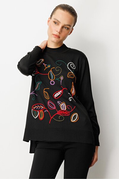 accort Nakış Detaylı Triko Kazak-SİYAH