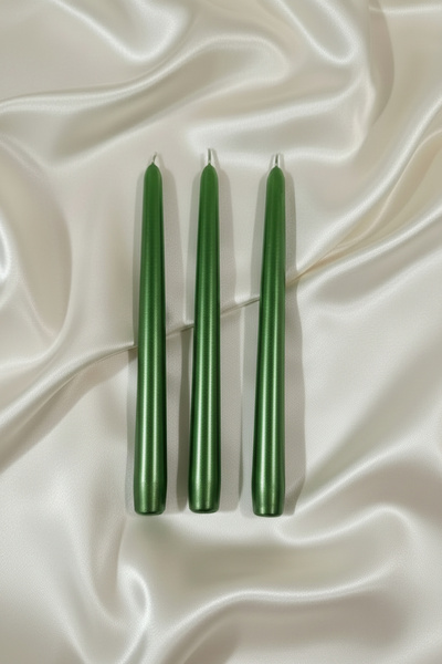 TR Turan Collection 3 Adet Şamdan Mumu Yeşil Renk Sedefli Konik Mum