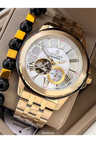 Reward Automatic (Without Battery) Men's Wristwatch, Full Steel, Functions Active, White Dial, Yellow Color +Bracelet
