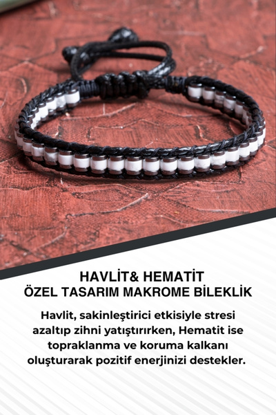 Saff Doğal Taş Havlit & Hematite Special Design Macrame Bracelet