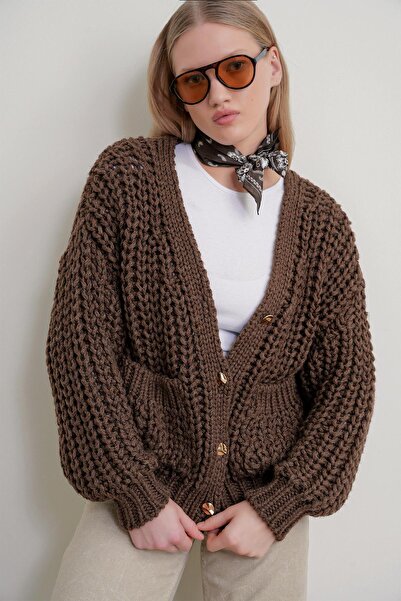 Mixray 6967 Women's Thick Thessaloniki Cardigan with Pockets Brown