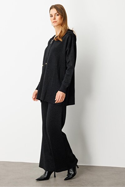 accort Kapüşon Detay Simli Triko Takım-SİYAH