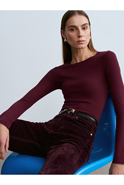 Dilvin 32194 Long Sleeve Gathered Top-Burgundy