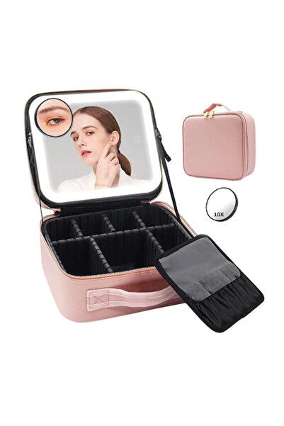 KASEVY Make-up Cosmetic Bag with LED Touchscreen Mirror, 26x23x11 cm, 10X Zoom, Pink