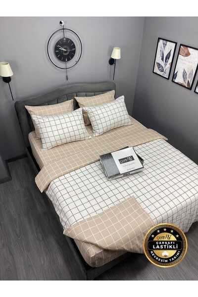 Çetinhome Çarşafı Lastikli Çift Kişilik Nevresim Takımı Kare Bej