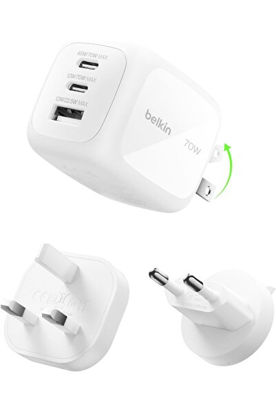 Belkin 3-Port 70W GaN Wall Charger (2x USB-C, 1x USB-A) - White