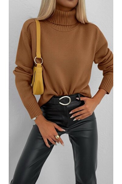 Miss Poem Turtleneck Thick Basic Women's Camel Knitwear Sweater