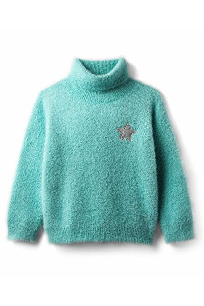 Babyhug Knit Full Sleeves Turtle Neck Pullover Sweater with Star Patch Detailing - Aqua Blue