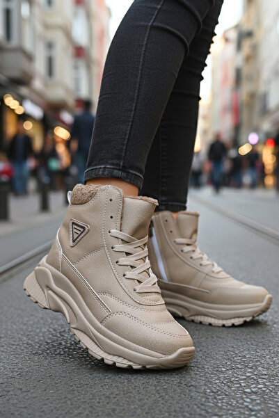 LUXEON Women's Beige Winter Fur-Lined Waterproof Zippered Casual Boots Stylis...