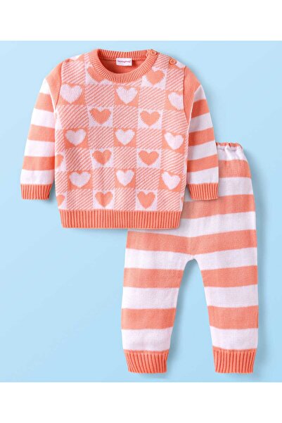 Babyhug طقم كنزة صوفية بأكمام طويلة بتصميم قلوب وخطوط - لون خوخي