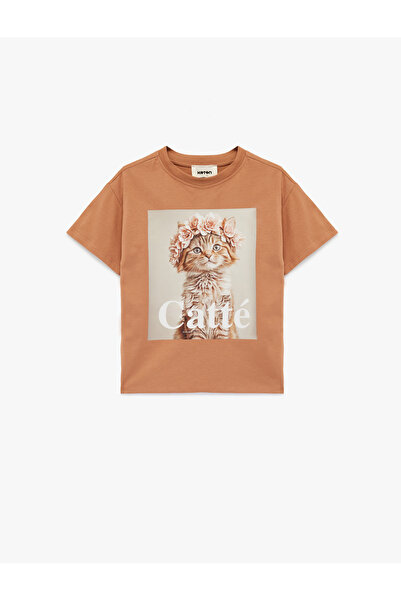 Koton Памучна тениска с къс ръкав и кръгло деколте с щампа на котка