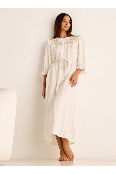 FAV Long-Sleeved Maxi Night Gown with Embroidered Stripes
