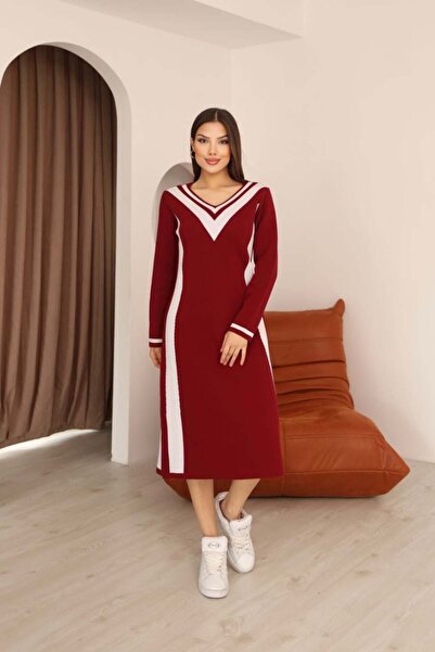 REDMİNA fashion V-Neck Contrast Stripe Midi Knit Dress