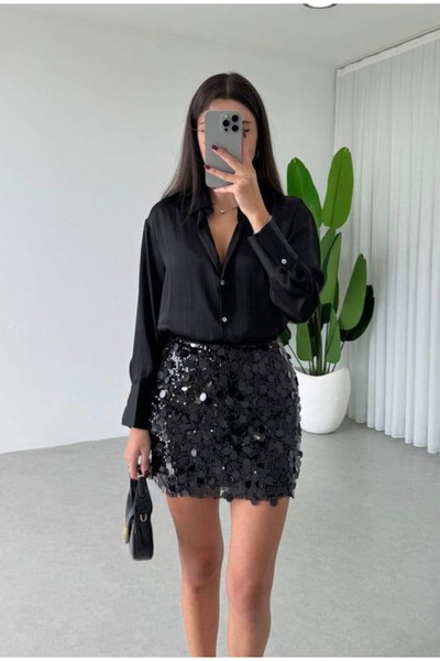 OEM Oversize Saten Dokulu Düğmeli Gömlek – Siyah / Beyaz