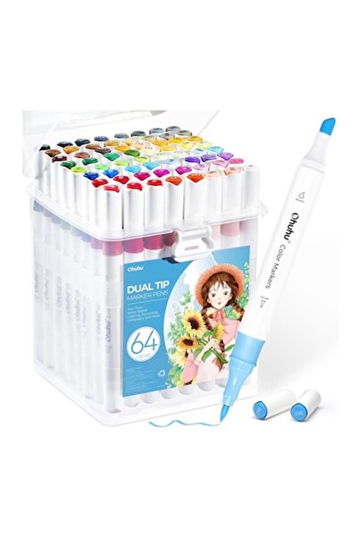 Ohuhu 64-Color Marker Set, Dual Tip Chisel & Brush, Water-Based, Non-Toxic, M...