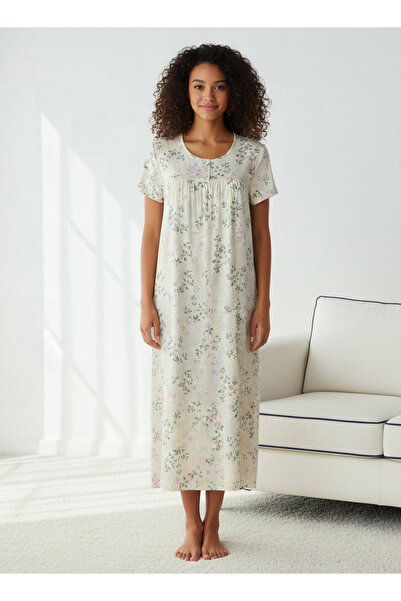 FAV فستان نوم قصير الأكمام بنقشة زهور من الفسكوز