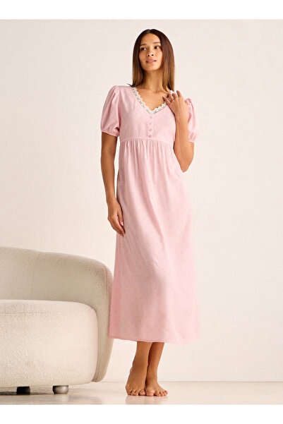 FAV Maxi Night Gown Short Puff Sleeves Lace Trim
