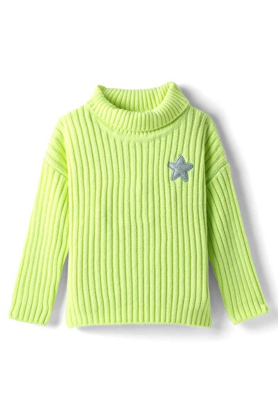 Babyhug Knitted Full Drop Shoulder Sleeves Skivi Sweater With Star Patch - Neon Green