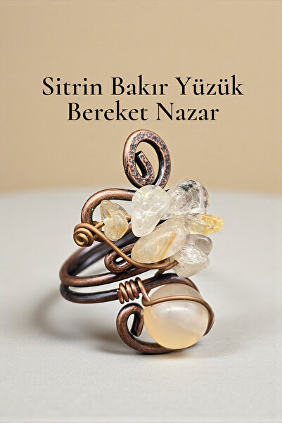 NBS Beautiful Naturel Stones Sitrin Bakır Yüzük Bereket Yüzüğü Ayarlanabilir Gerçek Doğal Taş