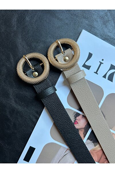 LİA KEMER 2-Pack Lush Serrated Round Patterned Women's Gold Buckle Belt Jacket Belt Dress Belt Trouser Belt