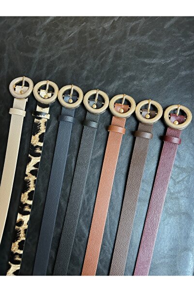 LİA KEMER 7-Piece Lush Serrated Round Patterned Women's Gold Buckle Belt Coat Belt Dress Belt Trouser Belt