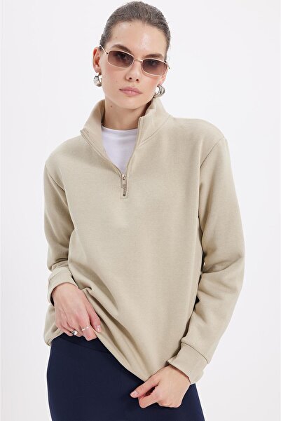 Tudors Women's Relax Fit Comfortable Cut Cotton Fleece Lined Half Zipper Beige Stand Collar Sweatshirt