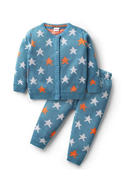 Babyhug Knitted Full Sleeves Front Open Sweater Set with Star Design - Blue