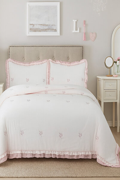 Bottega Home Pudra Pembe Yaprak Detaylı Çift Kişilik Fırfırlı Yatak Örtüsü (2...