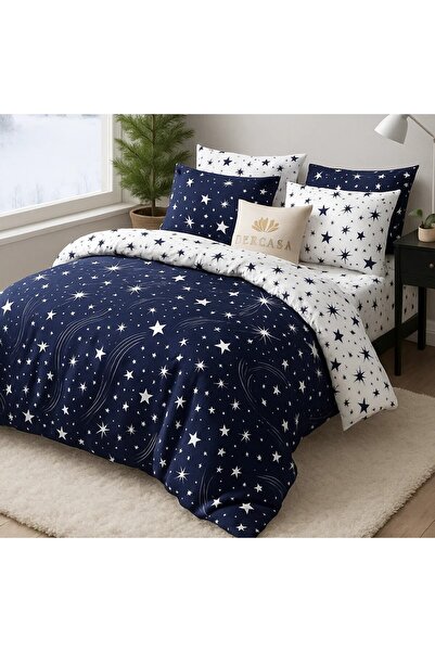 Pucioasa Finet 6-piece double bed linen for 2 people, Blue with white stars pattern
