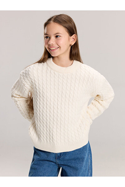 LC Waikiki Crew Neck Hair Braid Patterned Girl's Knitwear Sweater