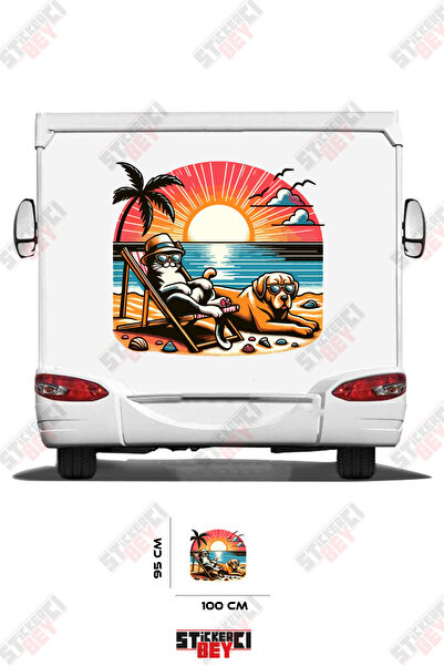 STİCKERCI BEY Sunbathing Cat and Dog on the Beach Visual Caravan Sticker Decal